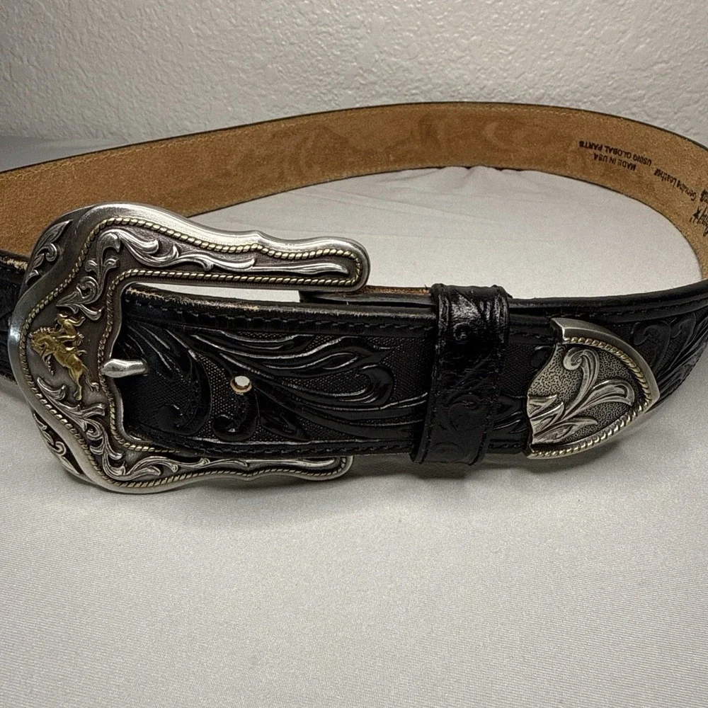 Tony Lama Westerly Ride Black Tooled Leather Belt Size 34 Bronco Rider C41513